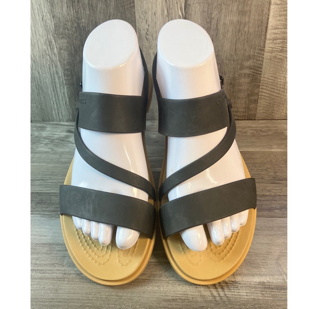 Crocs Tulum Strappy Sandals Womens 8 Black Tan Flat Buckle Ankle Strap 206107 - Picture 3 of 7